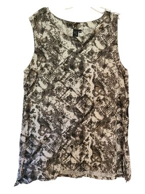 Focus Casual Life 100% Linen Sleeveless Top Charcoal Grey White Geometric Sz S